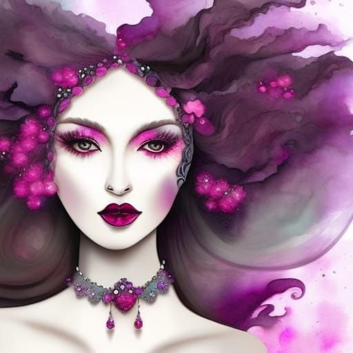 Surreal Woman with Berries: Watercolor and Alcohol Ink