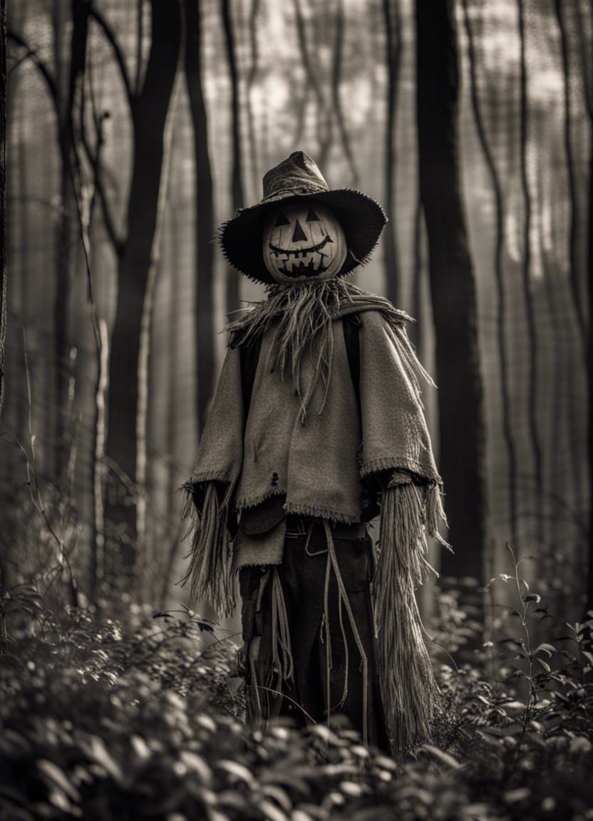 Monochrome Scarecrow in Woods, Hyper-Realistic Photo