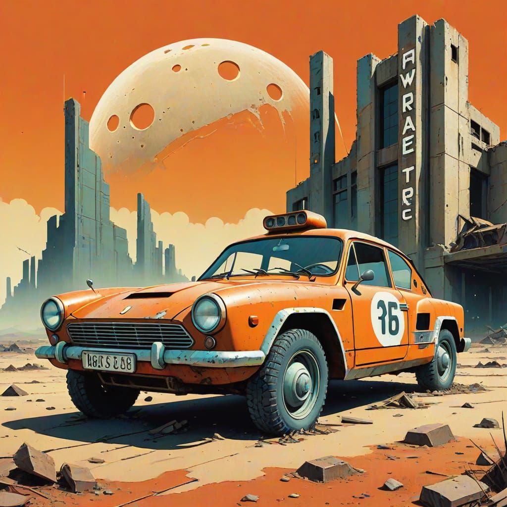 Moebius-Inspired Retro-Futuristic Art Deco Poster: Abandoned...