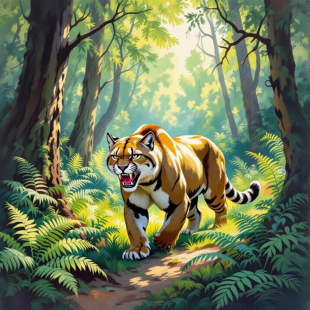 Saber-Toothed Cat in Prehistoric Forest, Gouache Painting