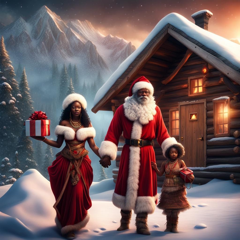 African Santa and Mrs. Claus in Snowy Mountains