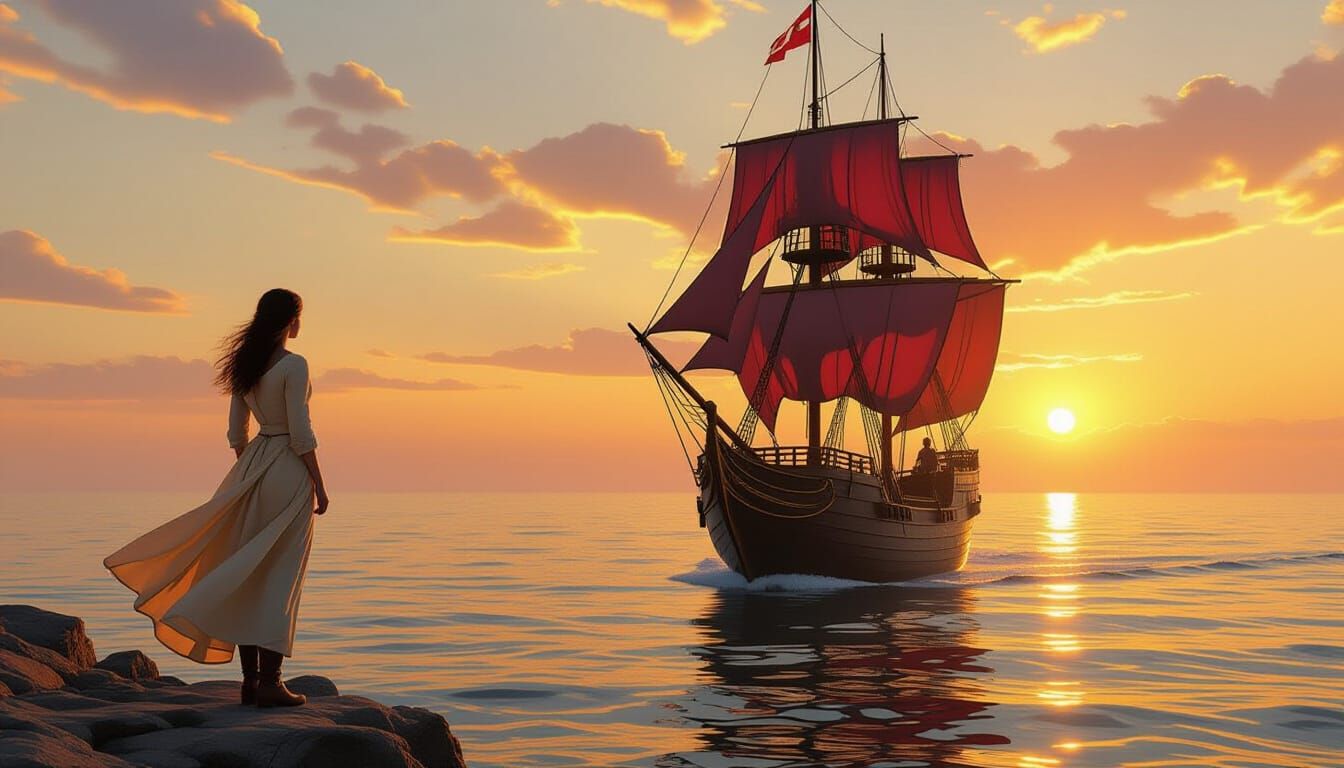 Scarlet Sails Ship Approaches Shore at Dawn