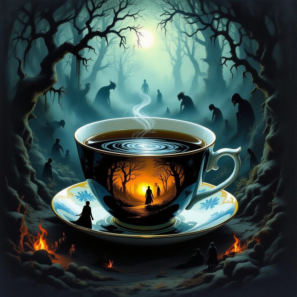 Antique Teacup Portal to Dark Fantasy Gothic Forest