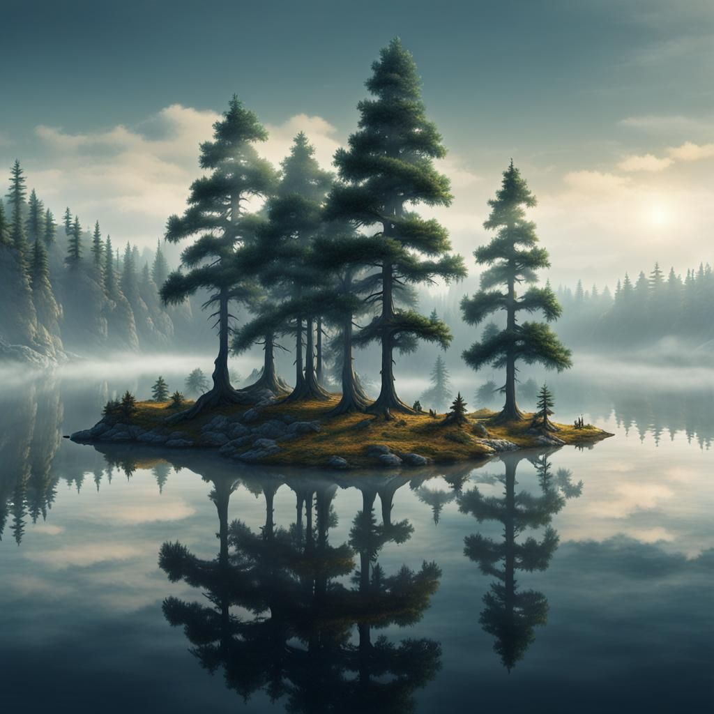 Pine Trees at Misty Lake: Detailed Matte Painting