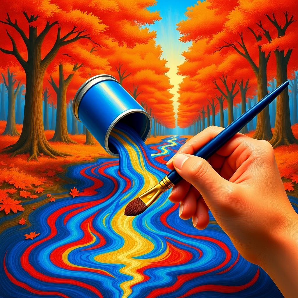 Surreal Autumn Scene with Flowing Paint River