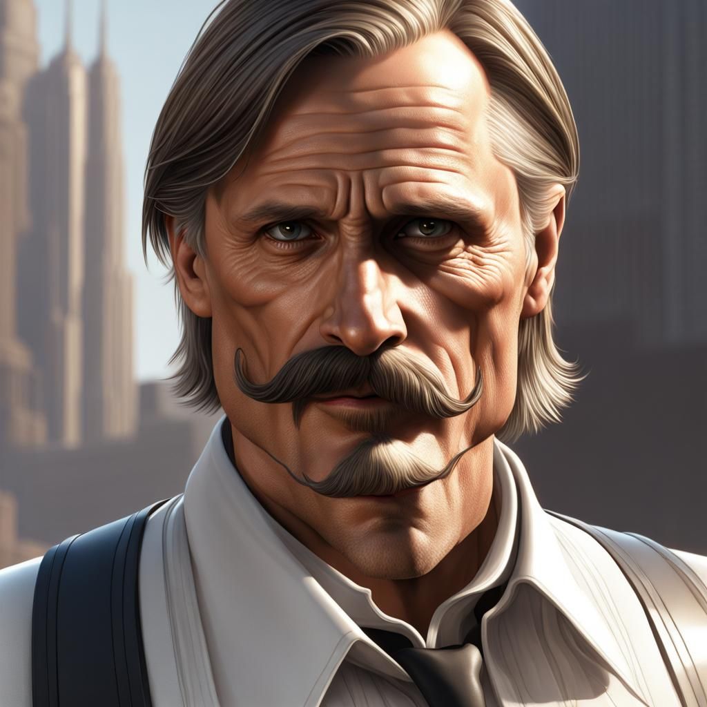 close up Viggo Mortensen as a russian gangster, moustache, combed slicked-back hair, on a sunny day, cybertech wear, ult...