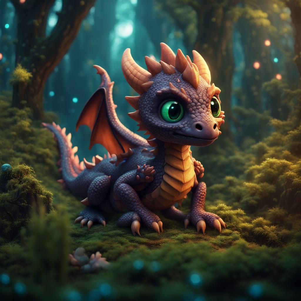 Cute Baby Dragon in Magic Forest Art