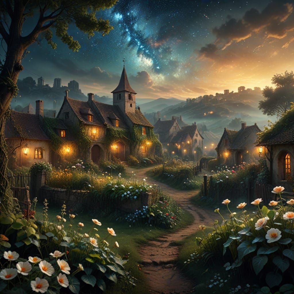 Misty Garden Overlooking Medieval Village