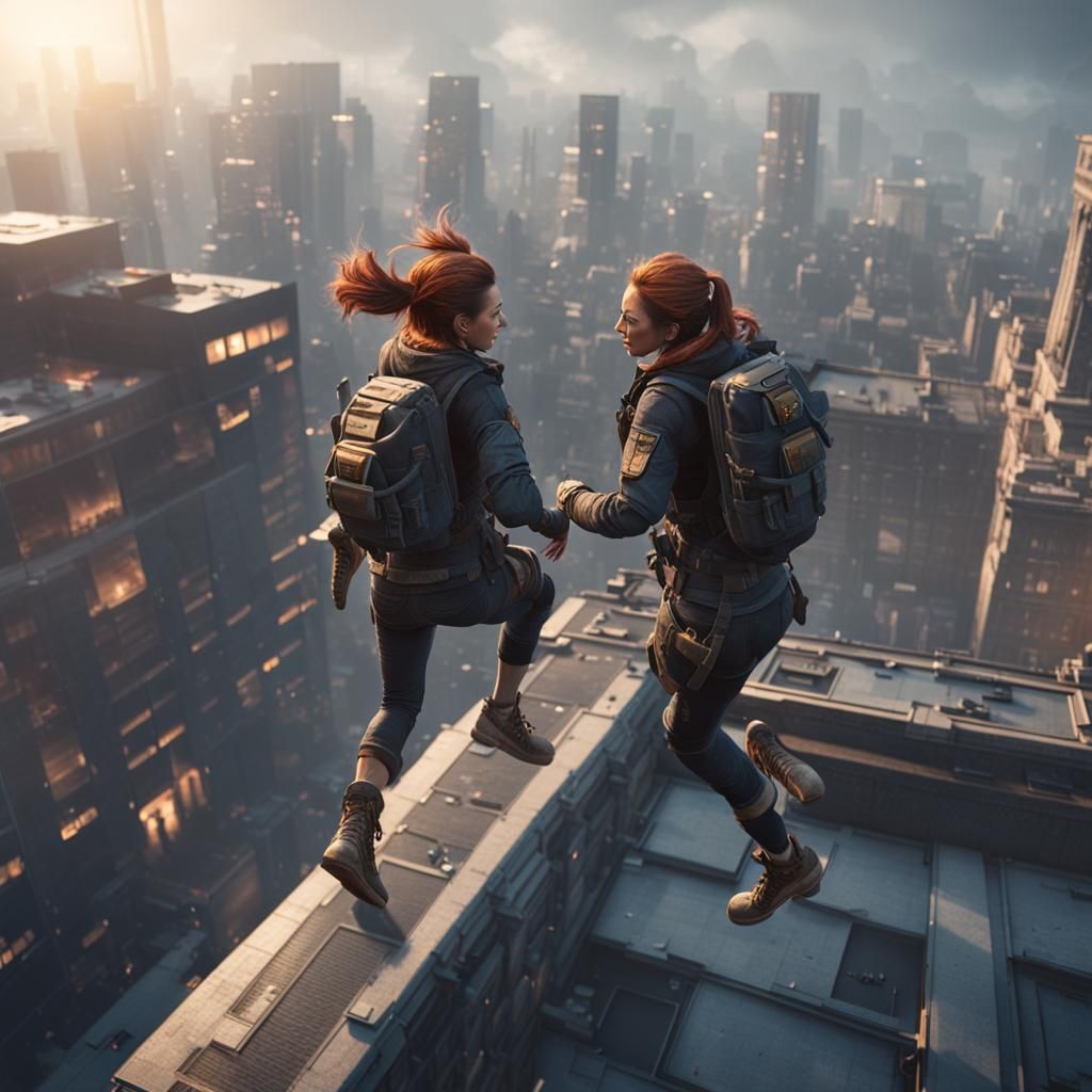 Two Women Leap Together: 3D Cinematic Render