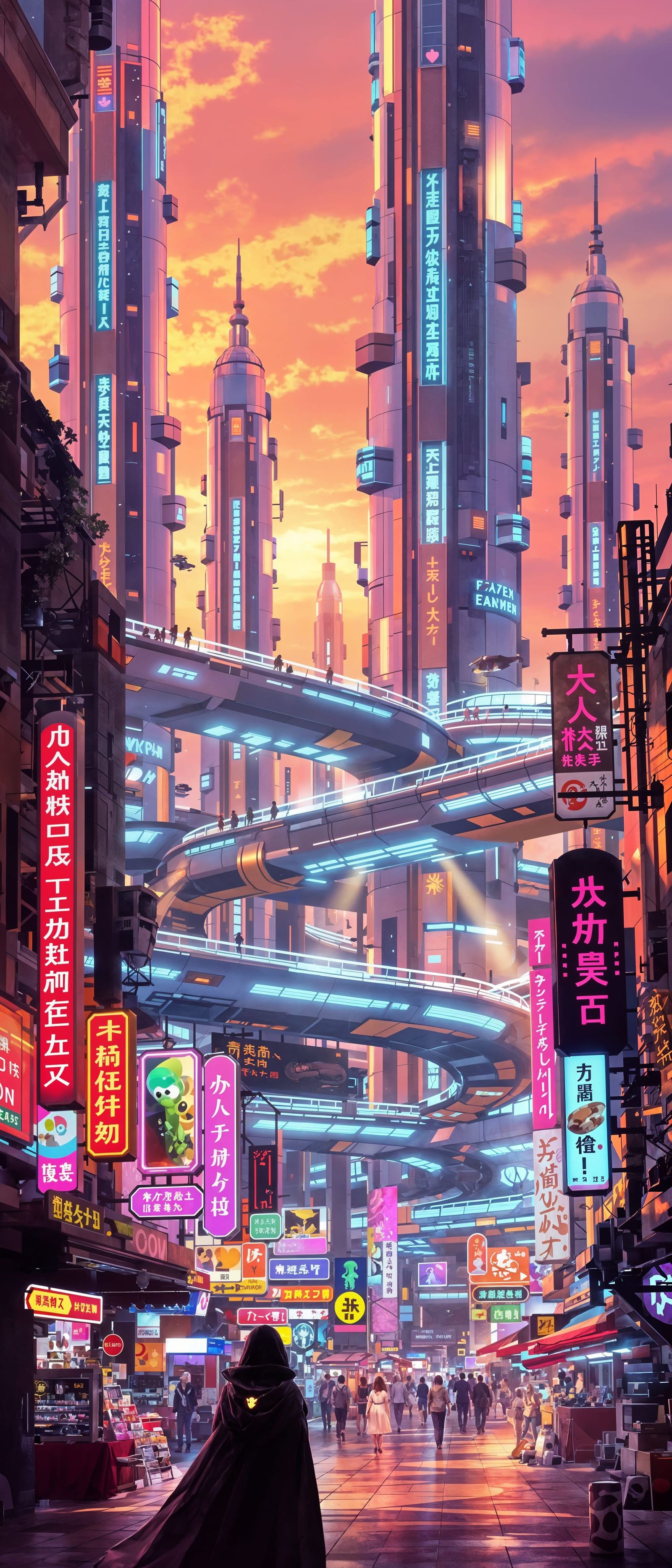 Futuristic Cityscape at Sunrise in Cyberpunk Style