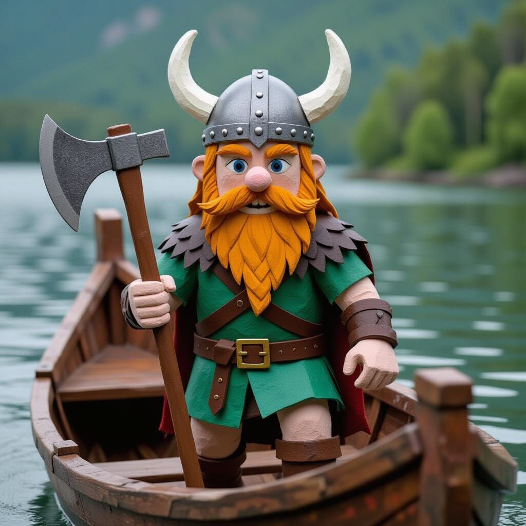 cute paper mache viking warrior holding an axe at his side a...