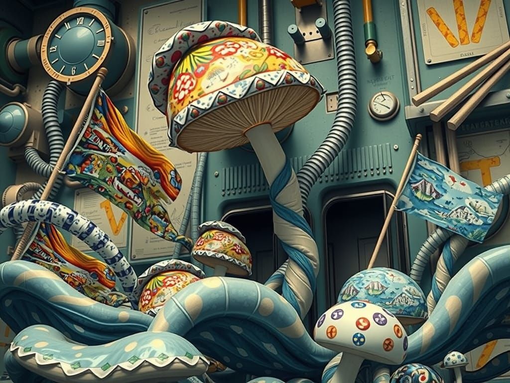 Surrealist Dreamscape with Hyperrealistic Mushroom Flags and...