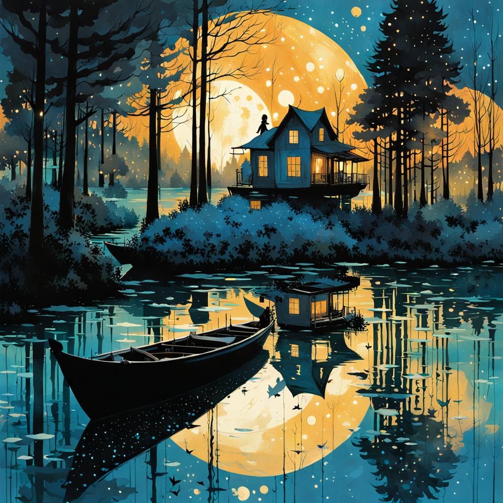 Bioluminescent Lake Scene with Woman on Floating Boat