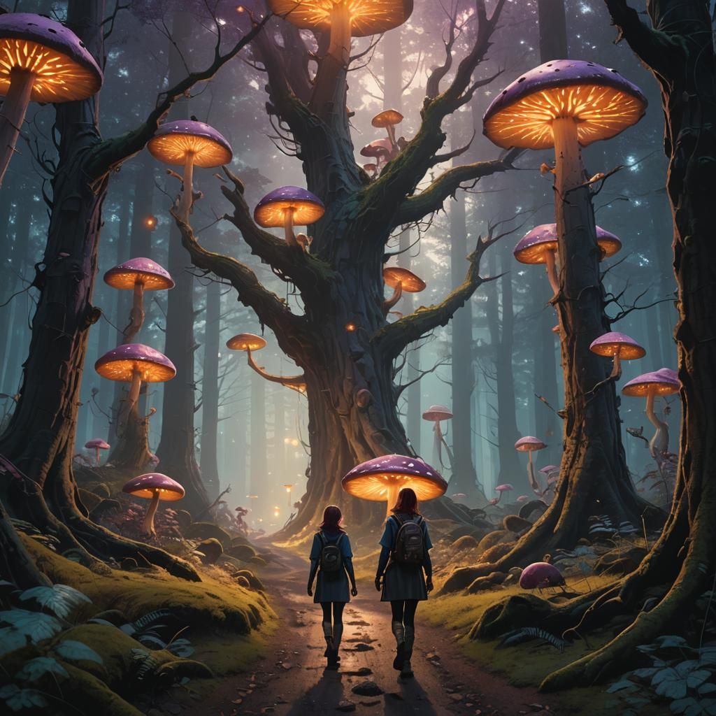 Mystical Forest Path with Glowing Lights