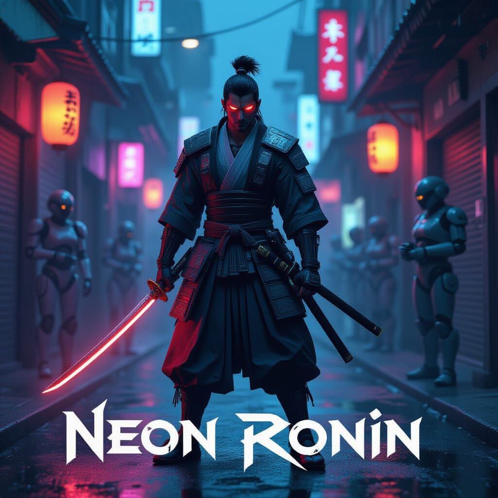 Cyberpunk Samurai Game Cover in Neon Alleyway
