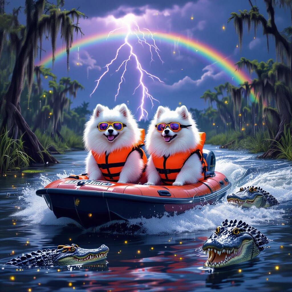 Pomeranians in Airboat with Gators Under Stormy Sky
