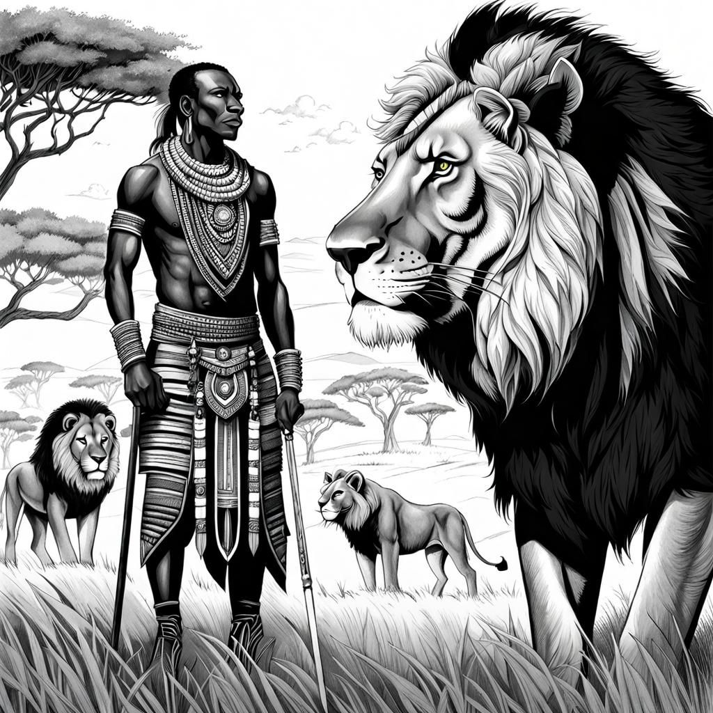 Masai Warrior and Lion in Black and White Sketch