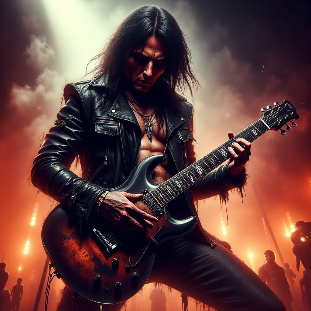 Musician in Heavy Metal Attire Playing Guitar