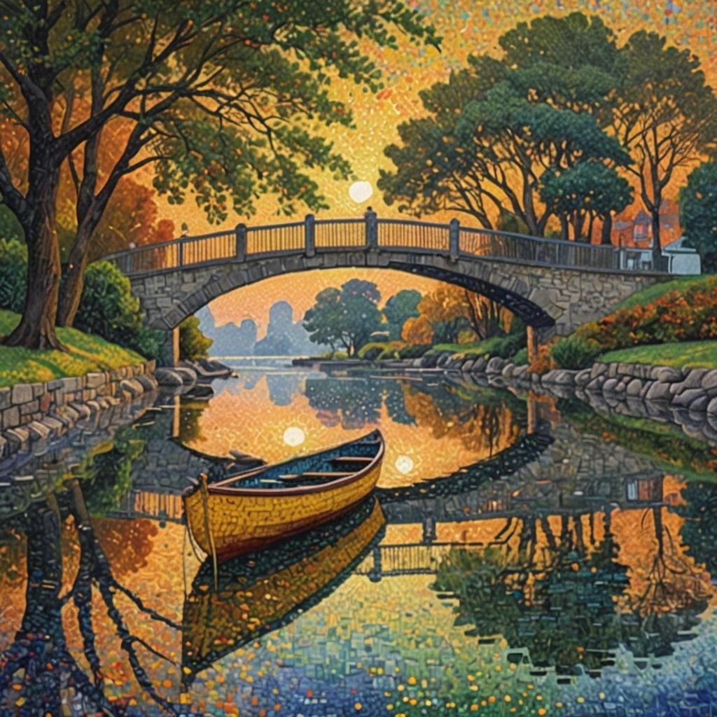 Pointillist Bridge at Sunset in Golden Hour