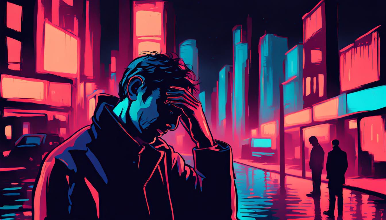 Crying Man in Neon City, Impressionistic Style