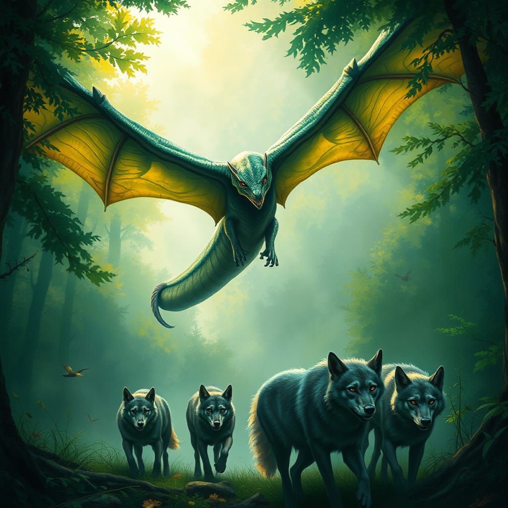 Dragon Soars Above Forest With Wolves Below