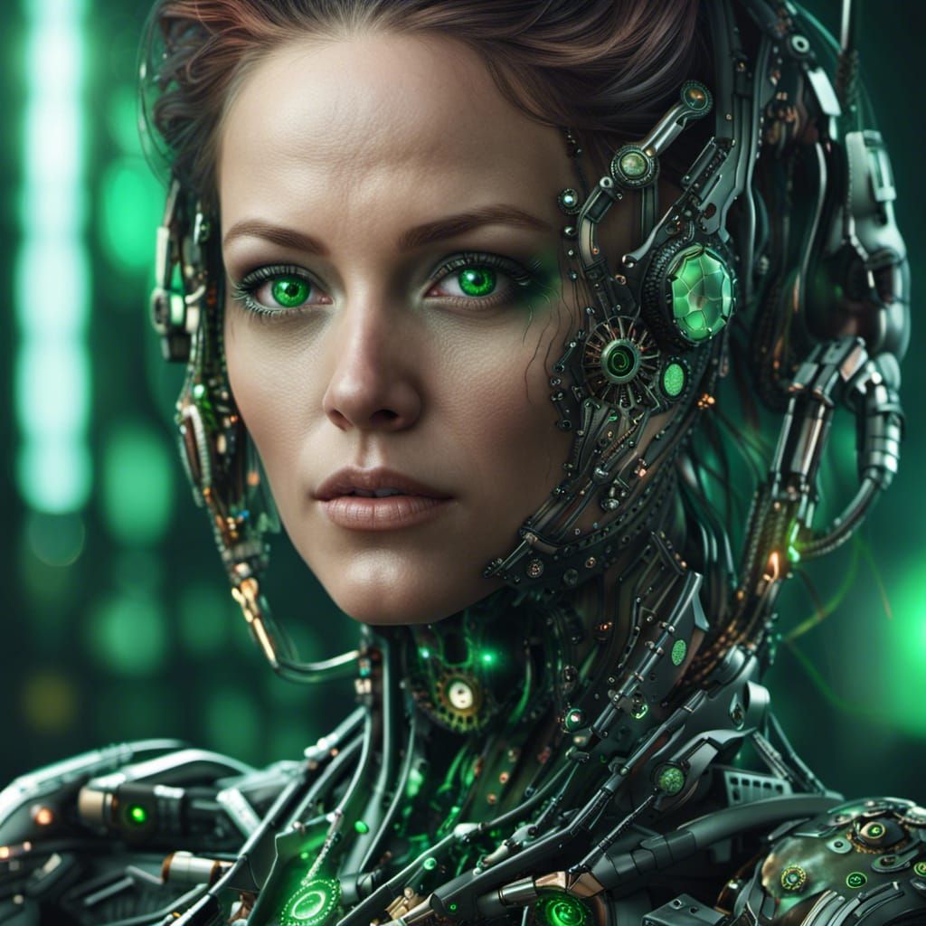 Cyborg Woman with Green Eyes: Digital Matte Painting