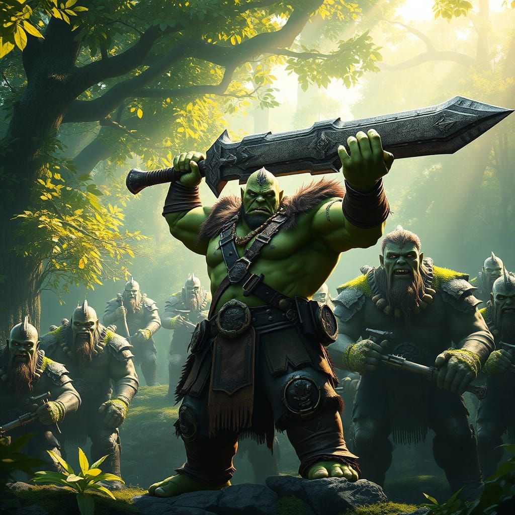 Green Orc Warrior Triumphs in Sunlit Emerald Forest