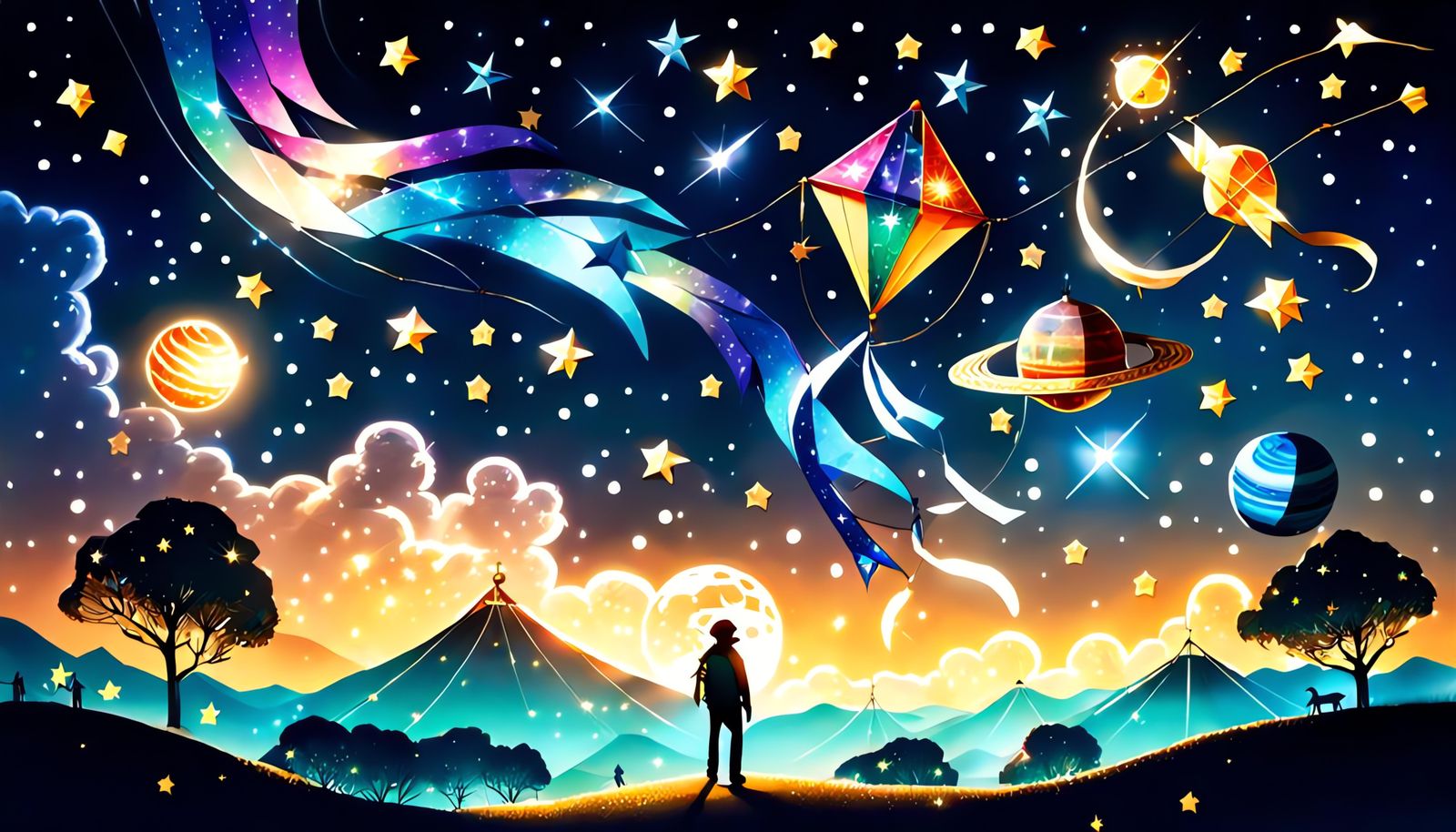 Sparkling Kite and Night Sky Double Exposure