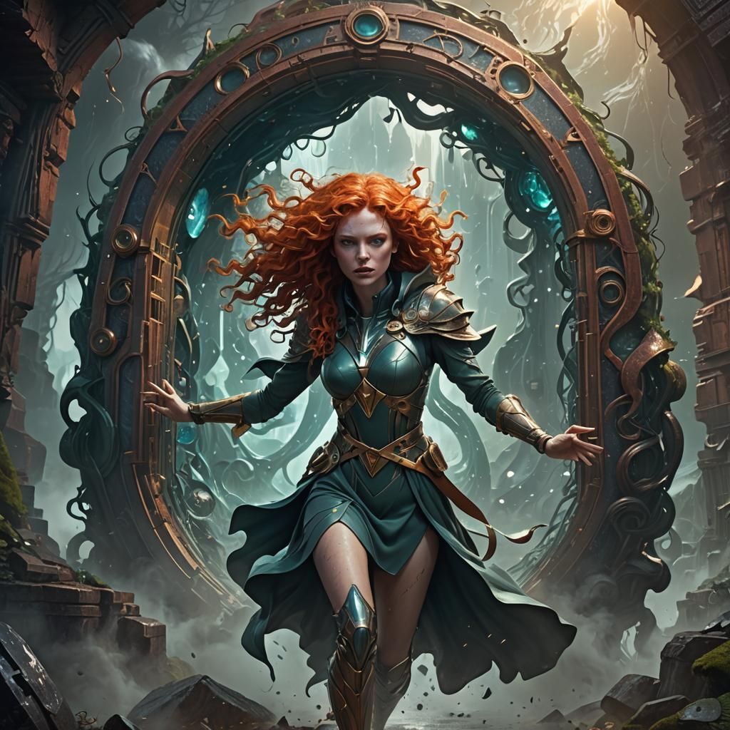 Redhead Girl Enters Magical Portal: Cell-Shaded Art