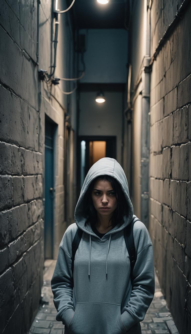 Anxious Girl in Alleyway: Cinematic Film Noir Still