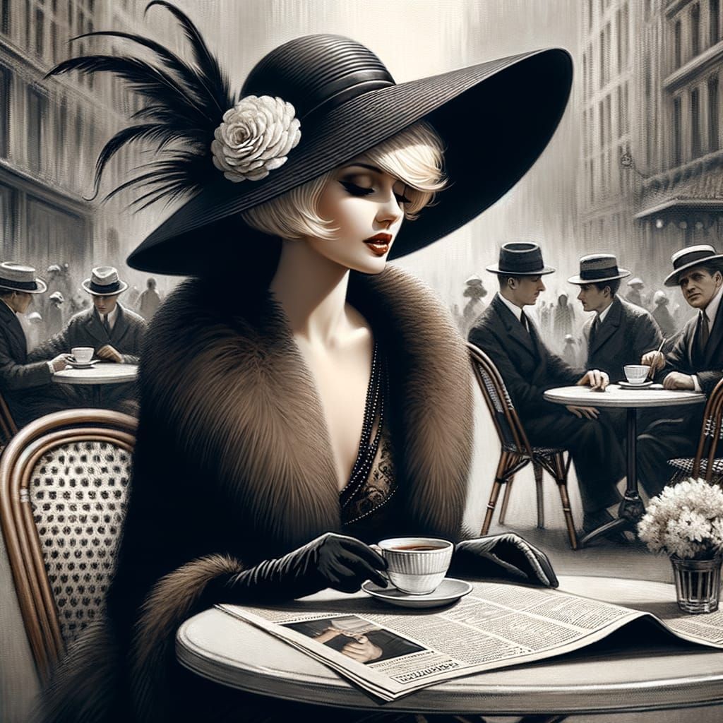 Vintage Woman at Cafe in Digital Painting