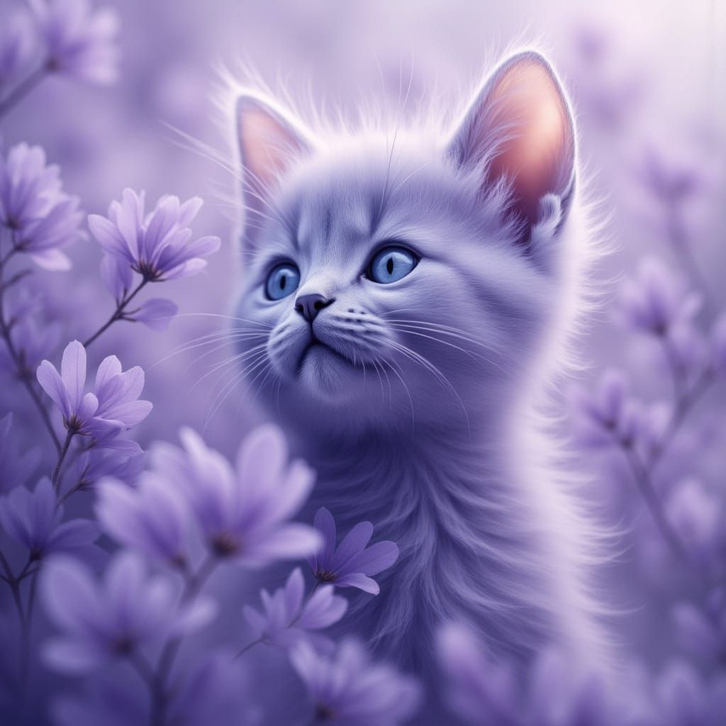 Ethereal Tabby Cat in Lavender Mist, Dreamlike Digital Art