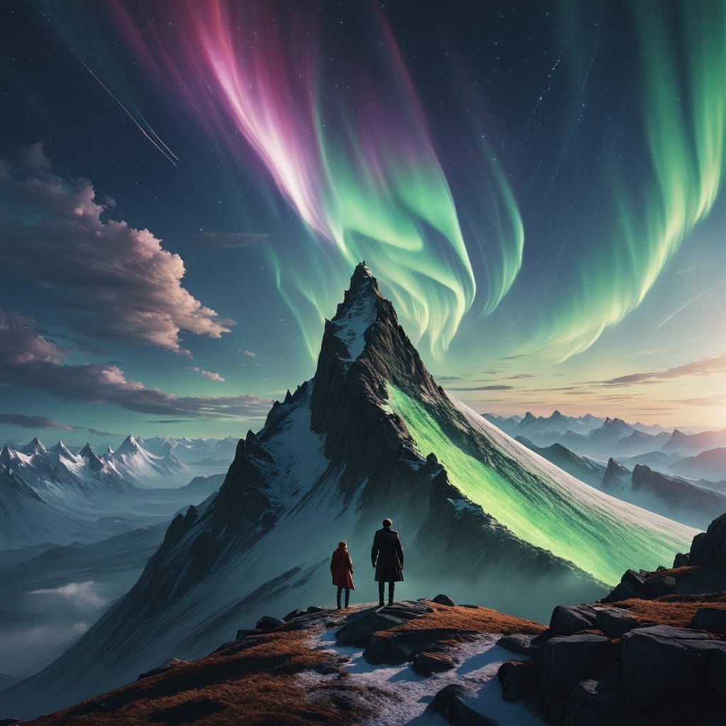 Mountain Peak Aurora in Hyperrealistic Fantasy Style