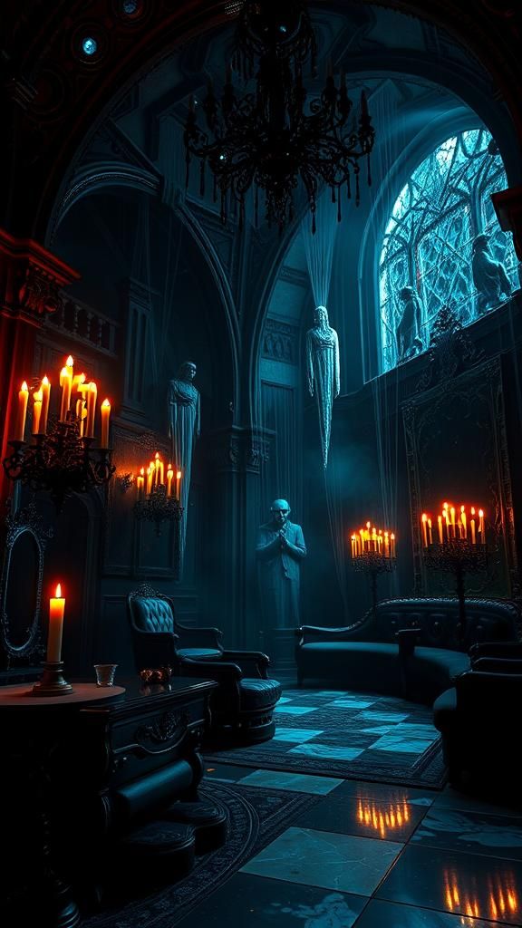 Wimmelbook interior of a haunted house, horror, sinister, in...