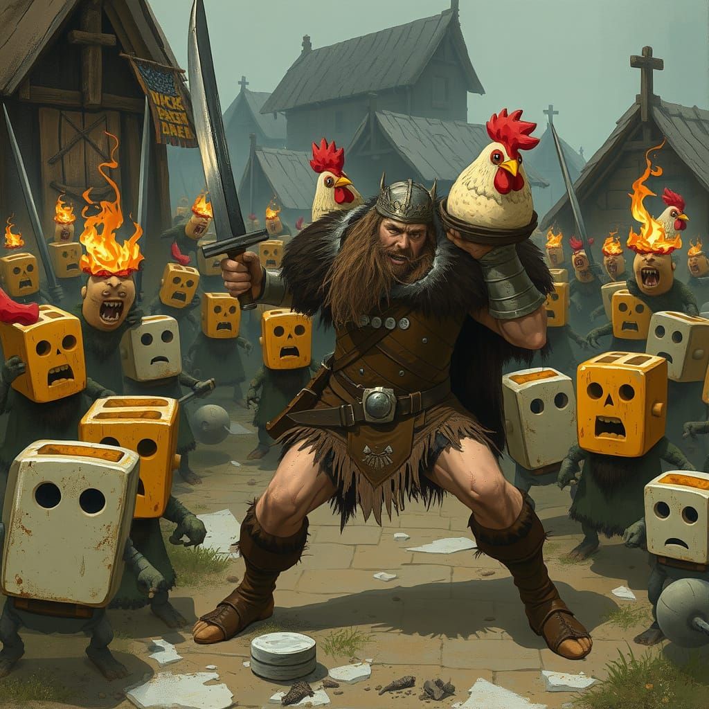 Viking Warrior Battles Toaster Horde in Gritty, Whimsical Ar...