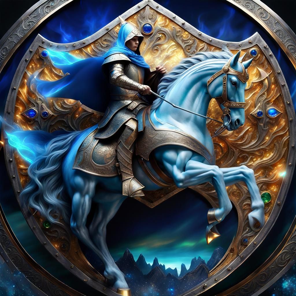 Epic Shield-Bearer on Horseback in Blue Fire