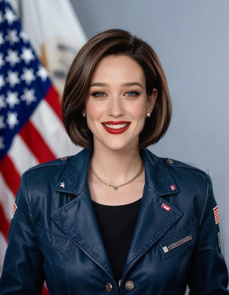 Kat Dennings as Confident Politician with US Flag