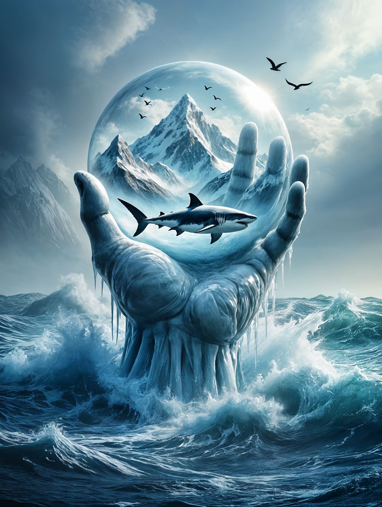 Ethereal Ice Sculpture with Great White Shark in Crystal Sph...