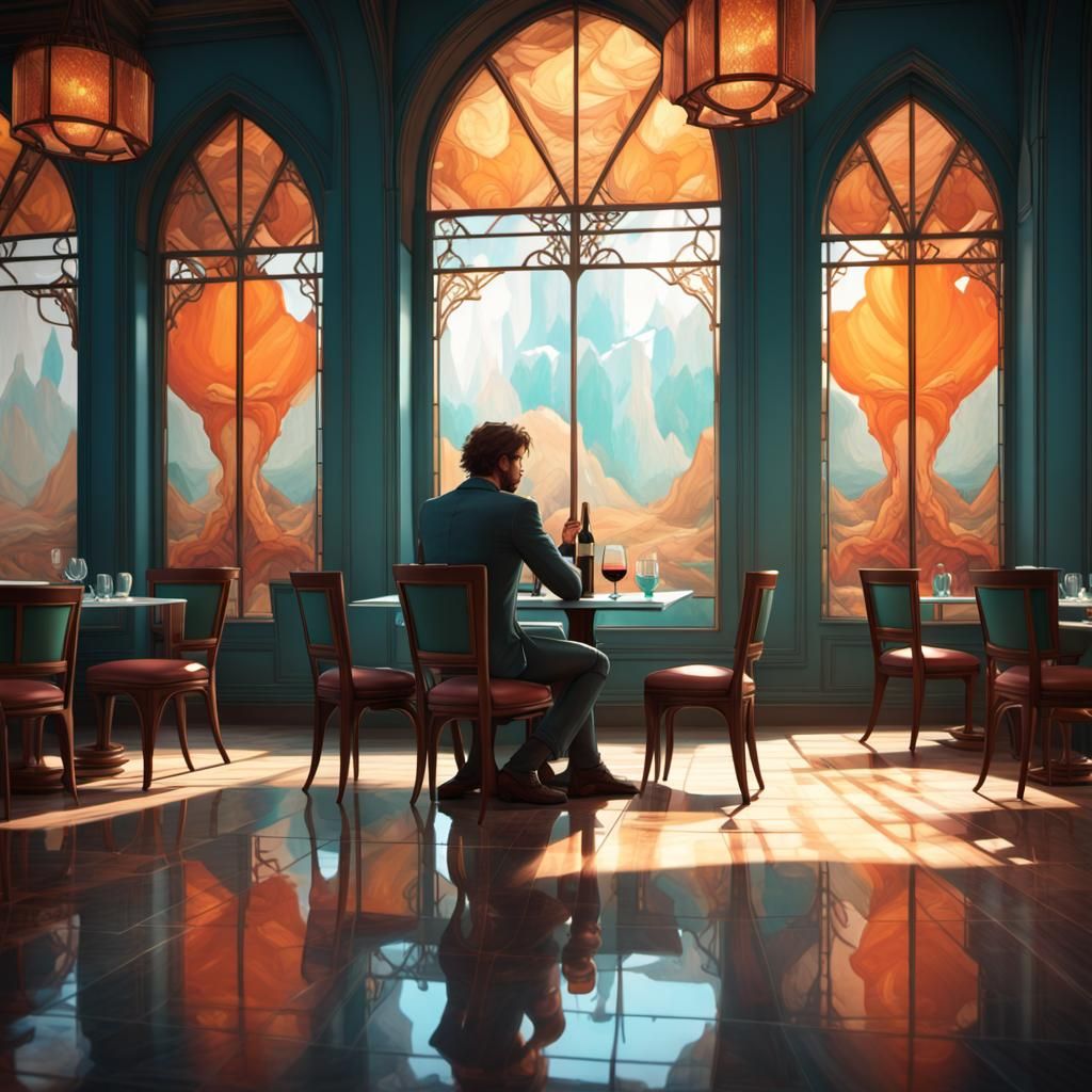 Lonely Diner in Empty Restaurant, Detailed Digital Art