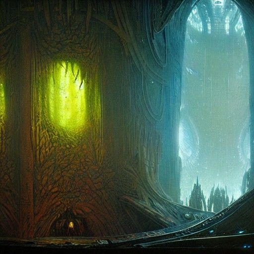 Fungal Sci-Fi Spaceship Interior in Oil Painting Style