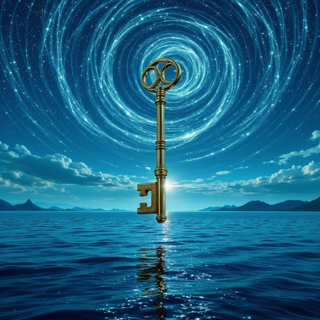 Giant Antique Key Floats Over Ocean Under Starry Sky