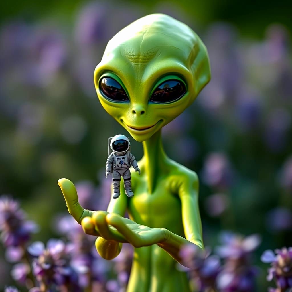 Alien Tenderly Holds Tiny Human Astronaut in Hand