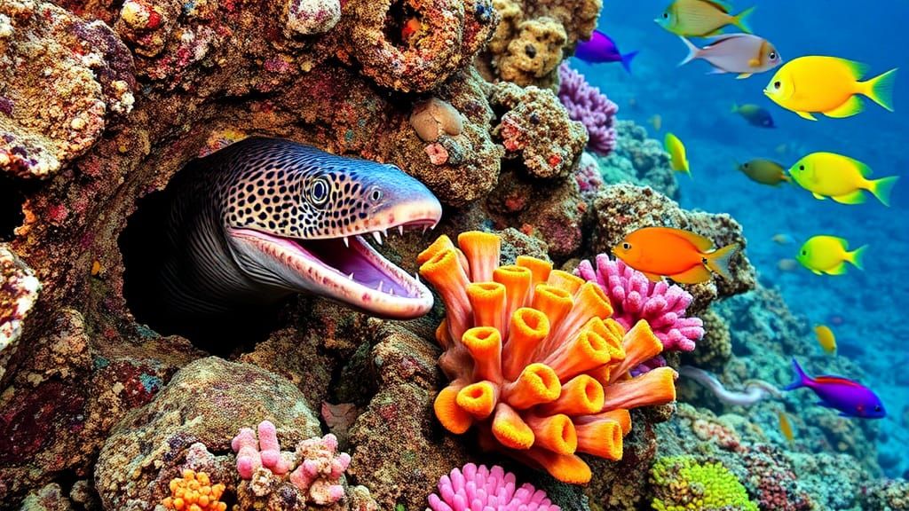 Moray Eel in Colorful Coral Reef