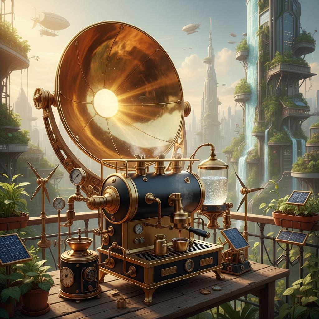 Steampunk Espresso Machine with Brass Solar Reflector