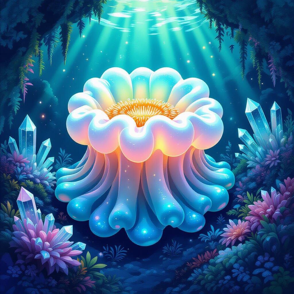 Cosmic Sea Anemone in Ethereal Bioluminescent Garden