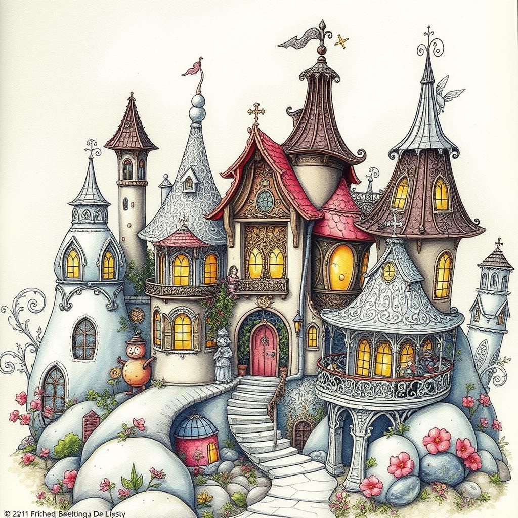 Whimsical Fairy Village in Steampunk Line Art