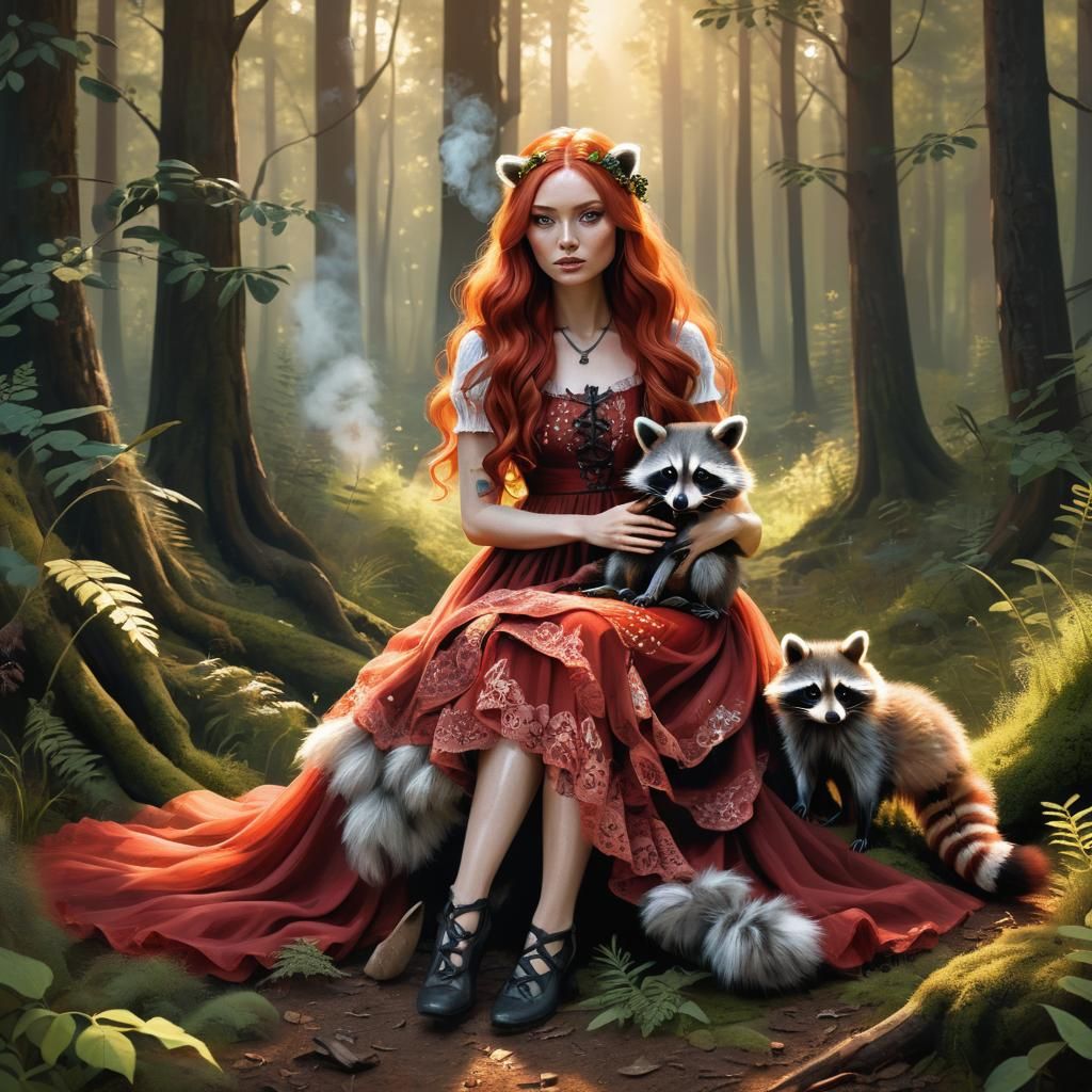 Girl with Raccoon in Enchanting Forest