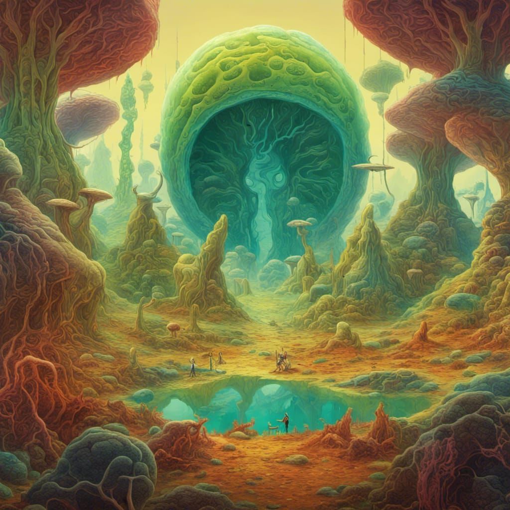 Microbial Aliens in Roger Dean-Style Landscape
