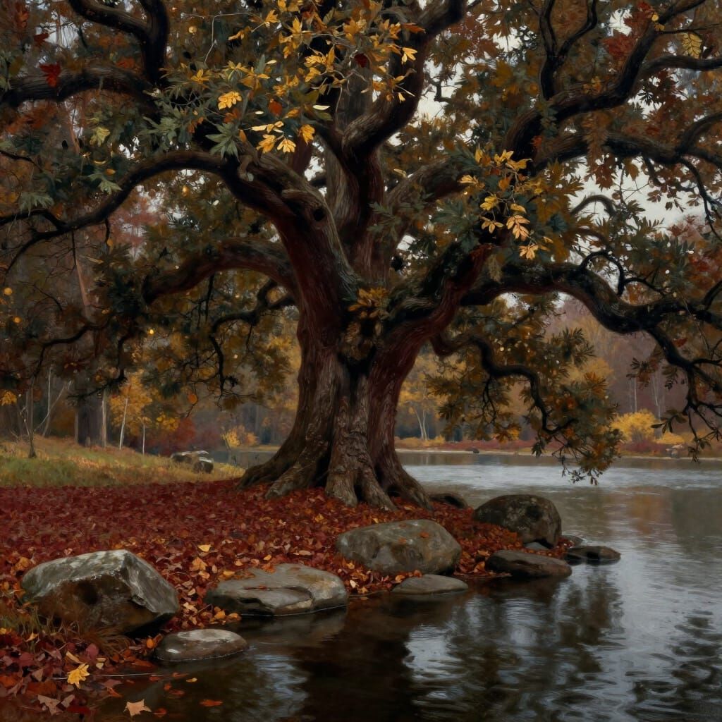 Ancient Oak by Still Water with Fallen Leaves
