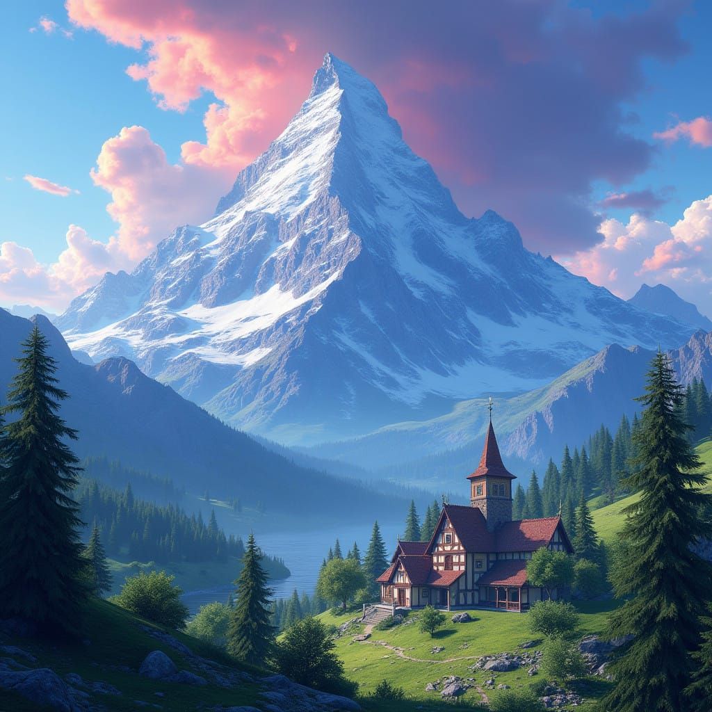 Mystical Village in Majestic Snow-Capped Mountains